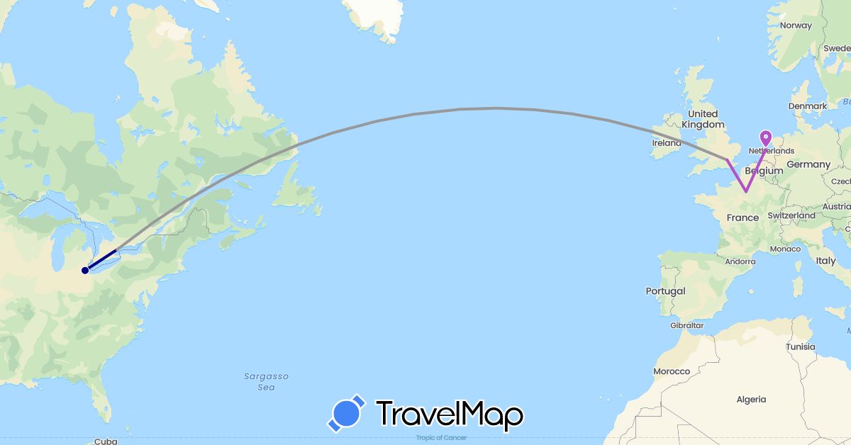 TravelMap itinerary: driving, plane, train in Canada, France, United Kingdom, Netherlands, United States (Europe, North America)